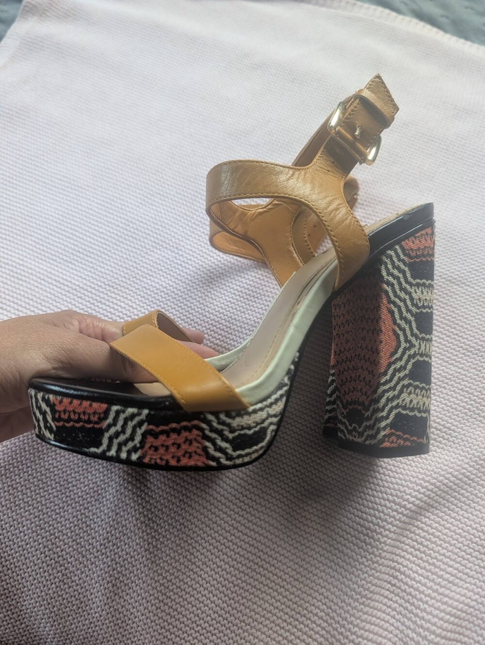 ALDO Tan Platform Block Heel Sandals with Patterned Heel Women Size 7